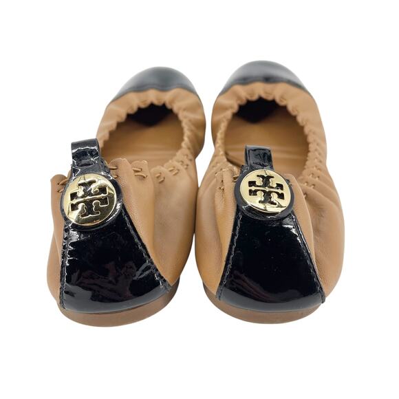 Tory Burch Melinda Cap Toe Ballet Flats Size 11 Tan Leather Black Patent Gold - Picture 5 of 7